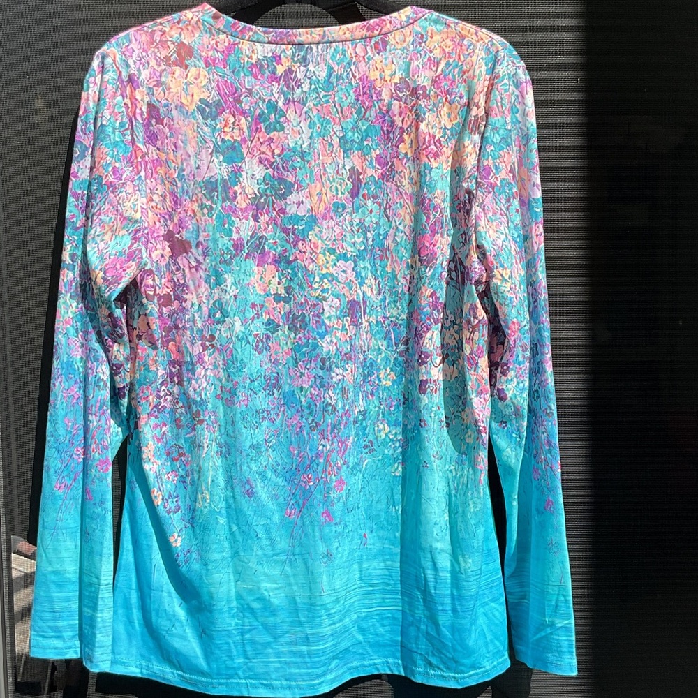Floral Multicolor Long Sleeve Top, Size Large - Picture 2 of 6
